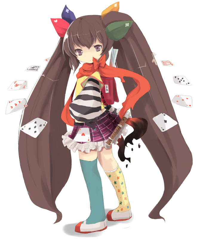 brown_hair, card, chain, chains, different_socks, floating_card, flute, frilled_skirt