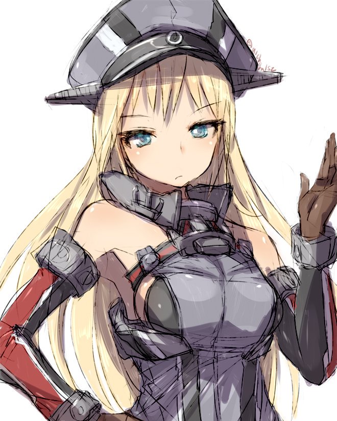 1girl, alchera, anchor, bismarck_(kantai_collection), blonde_hair, blue_eyes, breastplate, brown_gloves