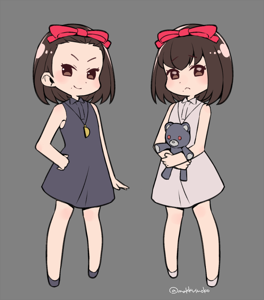 2girls, aki_(persona), arm_at_side, atlus, bangs, bare_arms, brown_eyes, brown_hair