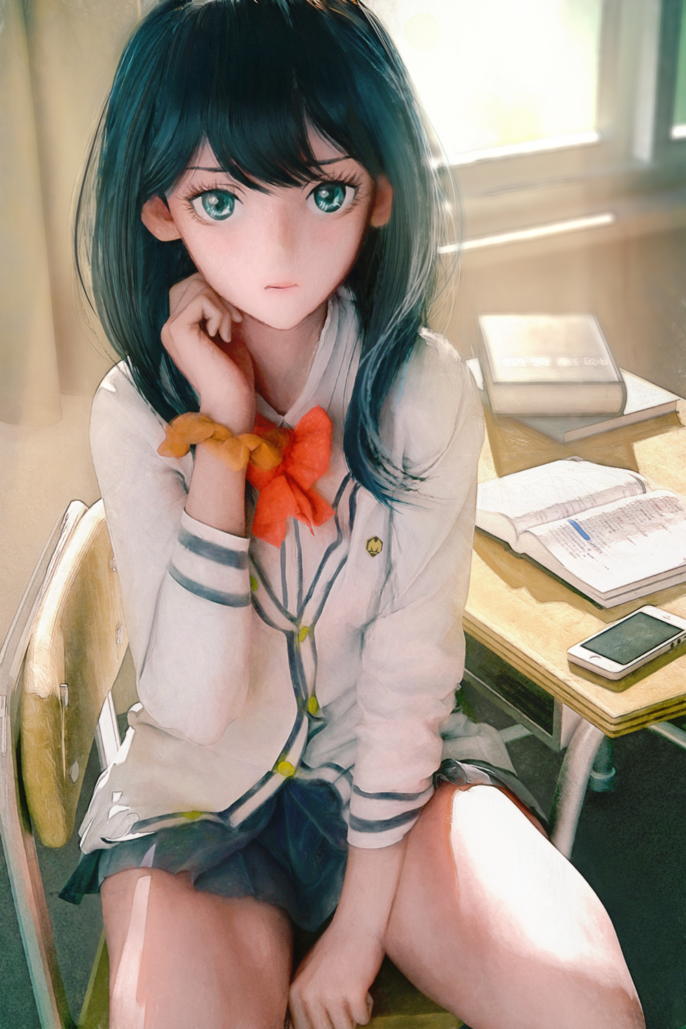 1girl, bangs, black_hair, black_skirt, blue_eyes, book, bow, bowtie, cellphone, highres, long_hair, long_sleeves, looking_at_viewer, open_book, orange_scrunchie, phone, pleated_skirt, red_neckwear, ryan_tien, school_uniform, scrunchie, skirt, smartphone, solo, ssss.gridman, takarada_rikka, white_cardigan, window, wrist_scrunchie