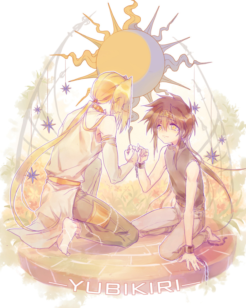 2boys, barefoot, blonde_hair, brown_eyes, brown_hair, chain, feet, full_body