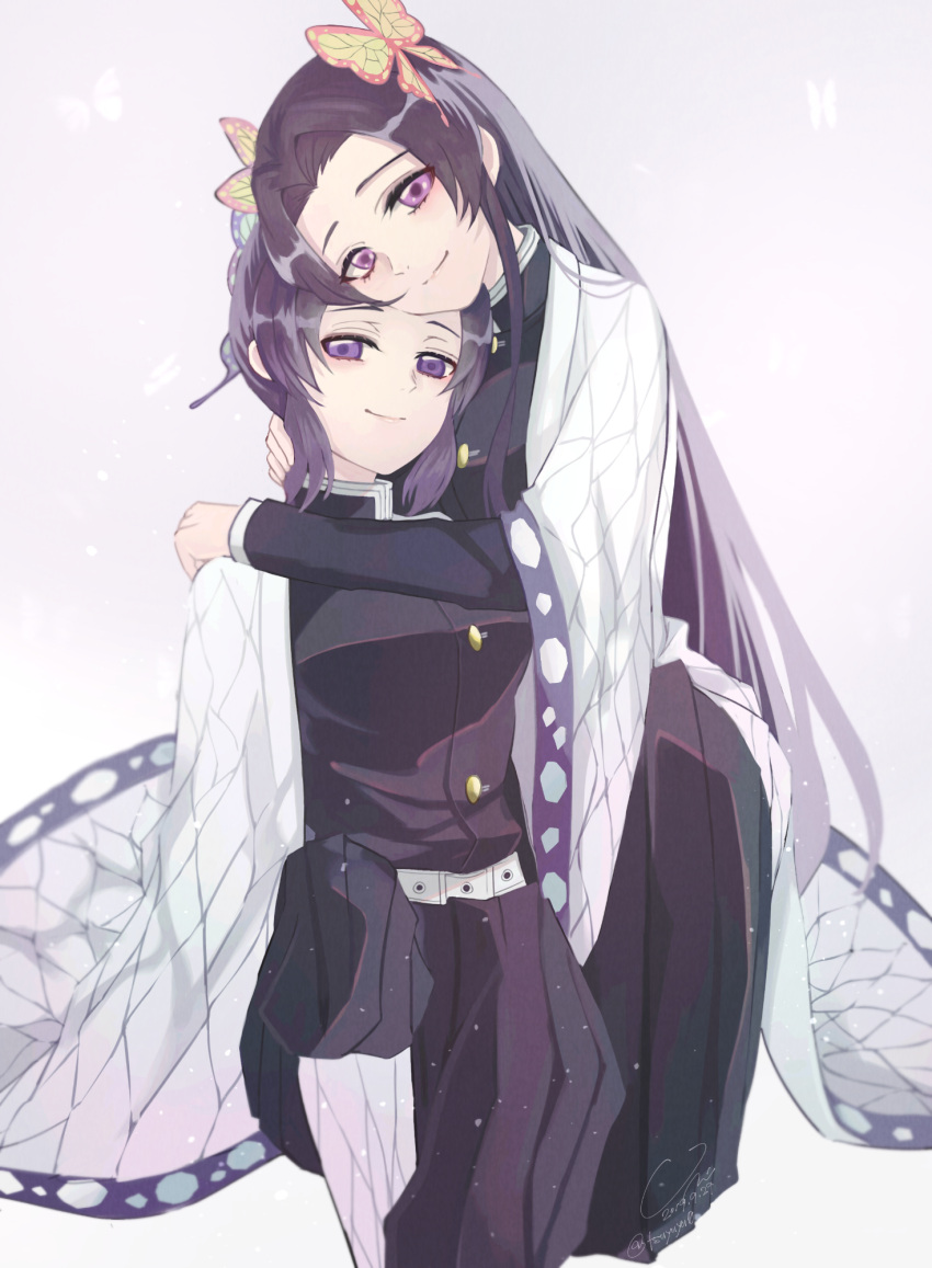 2girls, black_hair, butterfly_hair_ornament, hair_ornament, haori, highres, hug, japanese_clothes, kimetsu_no_yaiba, kneeling, kochou_kanae, kochou_shinobu, long_hair, looking_at_viewer, multiple_girls, sidelocks, smile, unhtt0, uniform, very_long_hair, violet_eyes