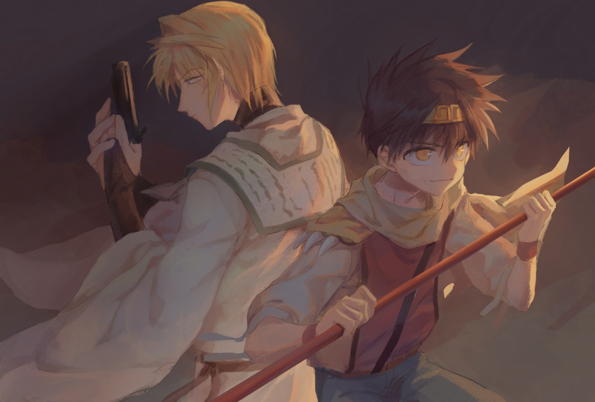 2boys, back-to-back, blonde_hair, bridal_gauntlets, brown_hair, genjou_sanzou, gun, headband