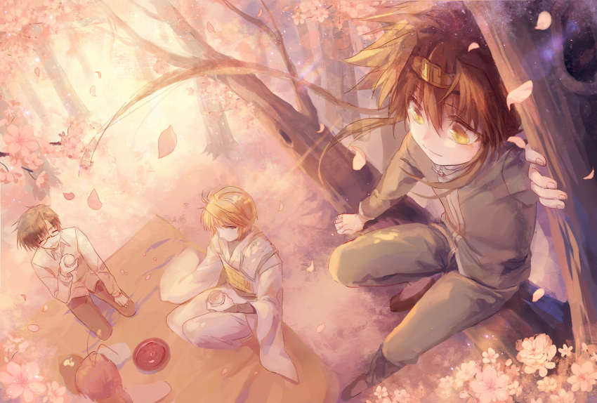 4boys, ahoge, blonde_hair, brown_hair, cherry_blossoms, cho_hakkai, closed_eyes, cup