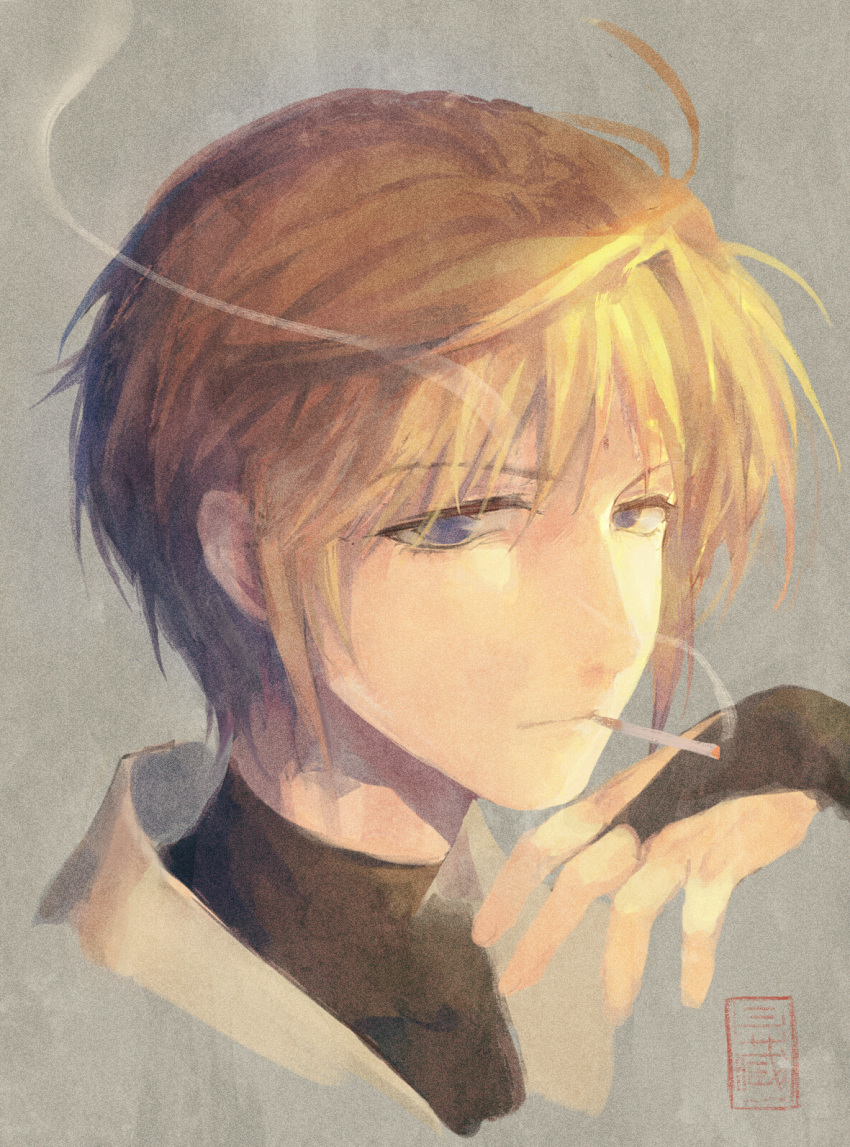 1boy, blonde_hair, bridal_gauntlets, cigarette, face, genjou_sanzou, highres, male_focus