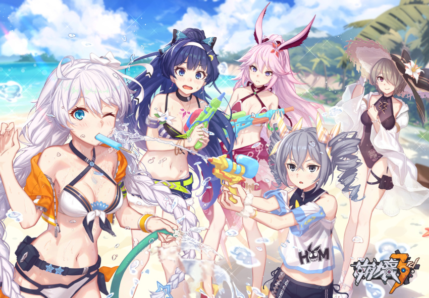 5girls, ahoge, animal_ears, bangs, bare_shoulders, beach, belt, bikini