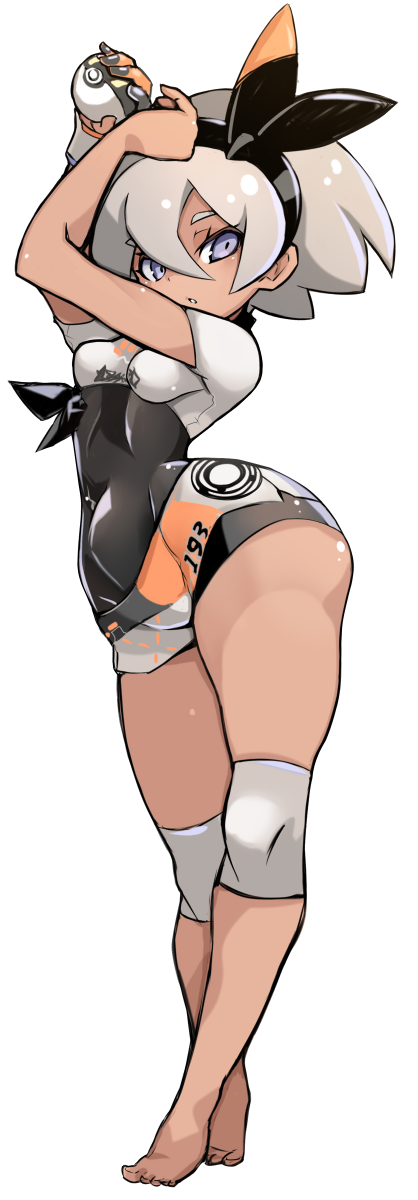 1girl, arms_up, bangs, barefoot, black_bodysuit, black_hairband, black_nails, black_ribbon