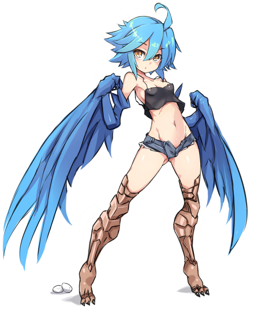 1girl, ahoge, bangs, black_camisole, blue_hair, blue_shorts, blue_wings, blush
