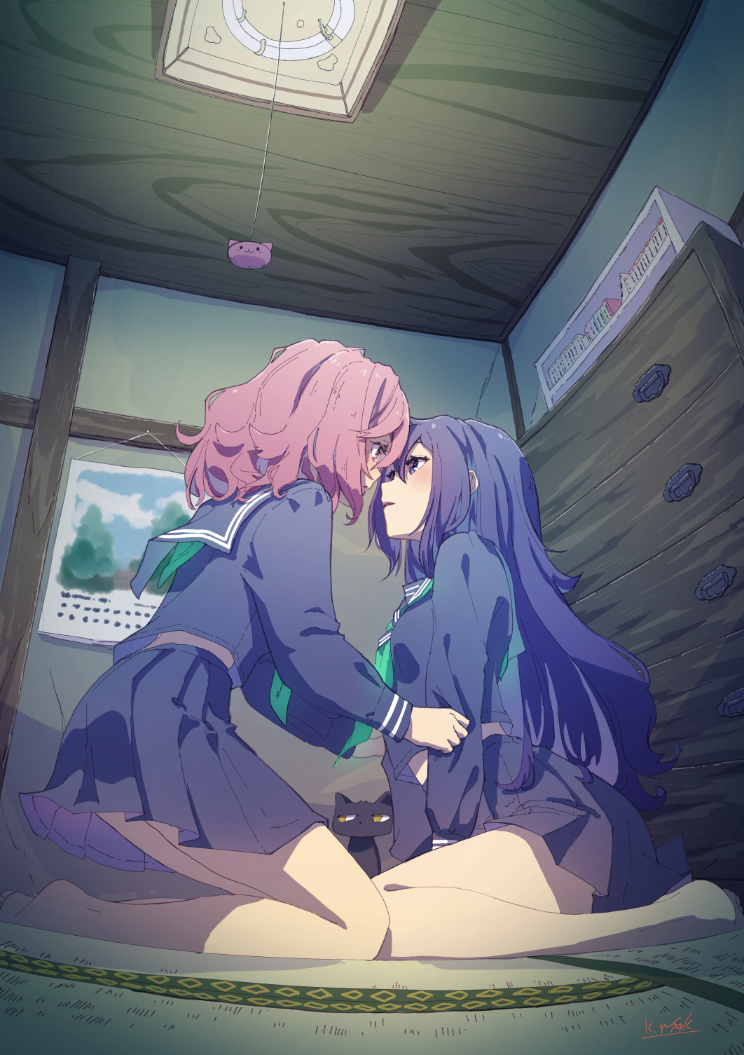 2girls, black_cat, blue_hair, blush, book, bookshelf, cabinet, calendar_(object)