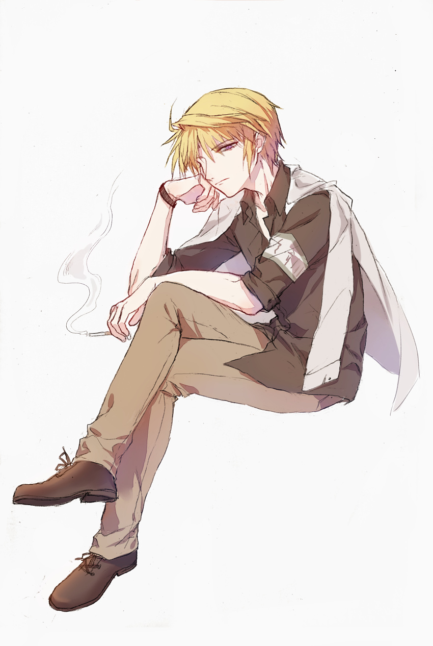 1boy, absurdres, alternate_costume, armband, black_shirt, blonde_hair, brown_footwear, brown_pants