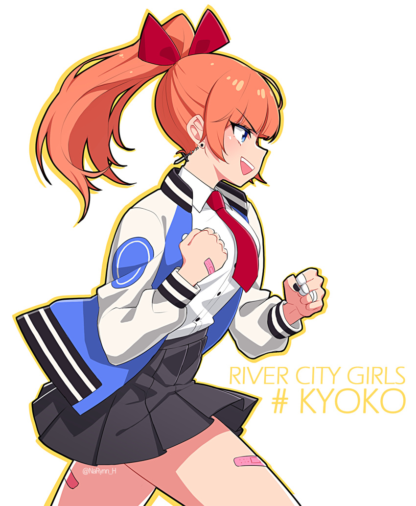 1girl, :d, bandaid_on_finger, bandaid_on_leg, bangs, black_nails, black_skirt, blue_eyes