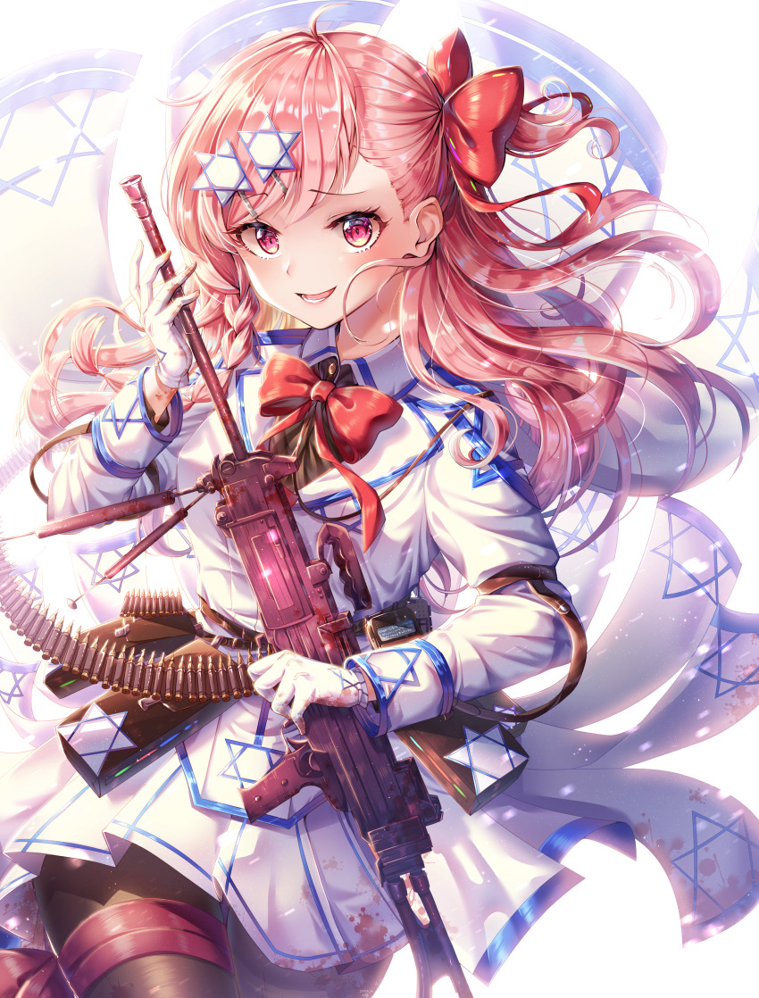 1girl, absurdres, bangs, black_legwear, blush, bow, bowtie, braid, breasts, cowboy_shot, eyebrows_visible_through_hair, floating_hair, girls_frontline, gloves, grey_shirt, gun, hair_between_eyes, hair_bow, hair_ornament, hair_ribbon, hairclip, hexagram, highres, holding, holding_gun, holding_weapon, huge_filesize, imi_negev, light_particles, long_hair, looking_at_viewer, machine_gun, mocohi123, negev_(girls_frontline), one_side_up, pantyhose, pink_hair, red_bow, red_eyes, ribbon, shirt, simple_background, skirt, sleeve_cuffs, smile, solo, star_of_david, thigh_ribbon, weapon, white_background, white_gloves, white_skirt