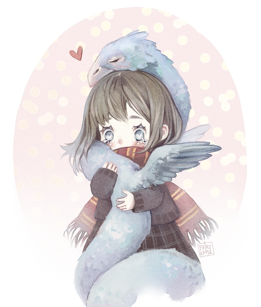 1girl, artist_name, bangs, blue_eyes, blush, brown_hair, comforting, commentary_request, creature, crying, crying_with_eyes_open, fairyapple, fantastic_beasts_and_where_to_find_them, gryffindor, harry_potter, heart, hug, long_sleeves, occamy, original, russian_commentary, sad, scarf, skirt, sweater, tears