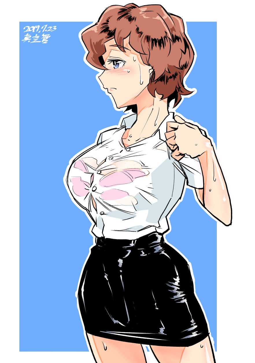 1girl, akaboshi_koume, alternate_costume, arm_behind_back, artist_name, bangs, black_skirt, blue_background, blue_eyes, blush, bralines, breasts, brown_hair, bursting_breasts, closed_mouth, commentary, cowboy_shot, dated, frown, girls_und_panzer, half-closed_eyes, high-waist_skirt, highres, large_breasts, looking_to_the_side, miniskirt, outline, outside_border, pencil_skirt, see-through, shinkuukan_(tetsuo3), shirt, short_hair, signature, skirt, solo, standing, sweat, wavy_hair, wet, wet_clothes, wet_shirt, white_outline