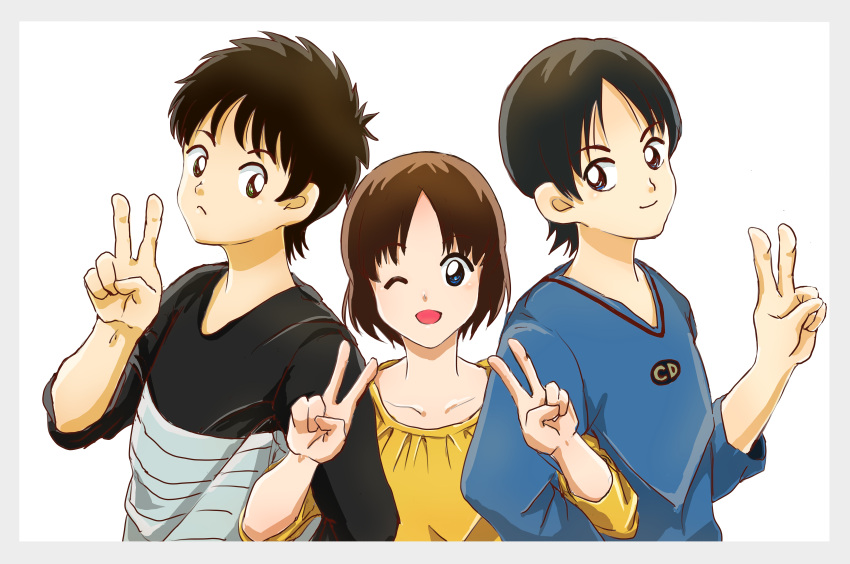 1girl, 2boys, absurdres, bangs, black_hair, blue_eyes, blue_shirt, brother_and_sister