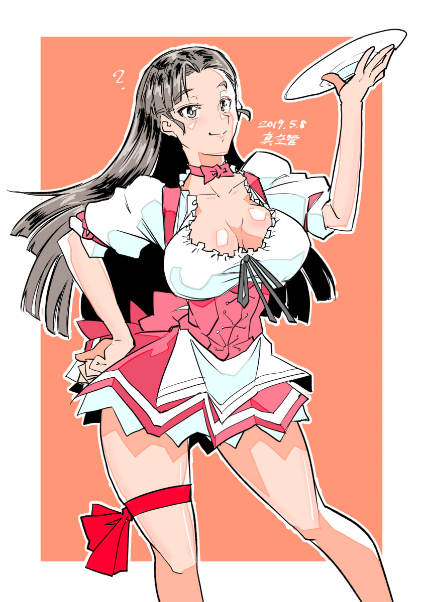 1girl, ?, alternate_costume, apron, artist_name, asymmetrical_bangs, bangs, breasts