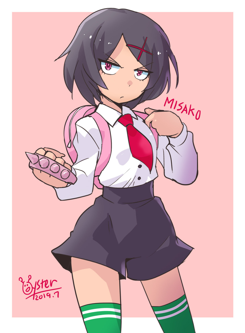 1girl, artist_name, backpack, bag, black_hair, black_shorts, character_name, collared_shirt