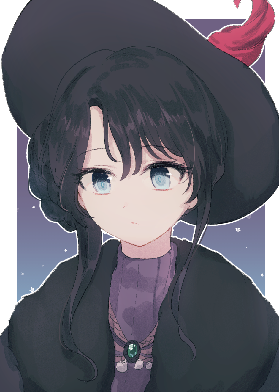 1girl, bangs, black_hair, black_headwear, blue_eyes, braid, closed_mouth, copyright_request