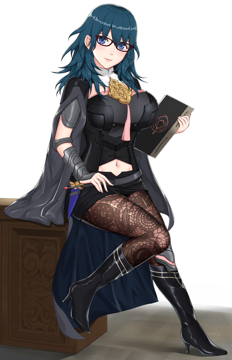 1girl, armor, bad_proportions, black_cape, blue_eyes, blue_hair, book, breasts
