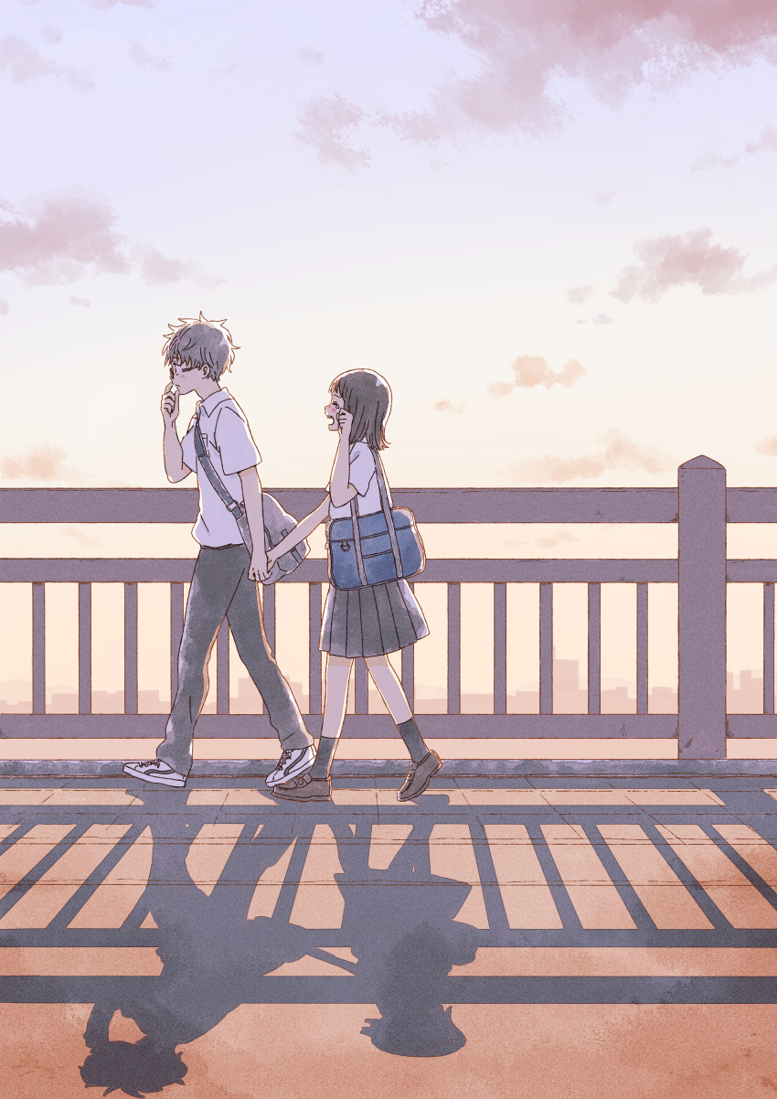1boy, 1girl, absurdres, adjusting_eyewear, backlighting, bag, bangs, belt