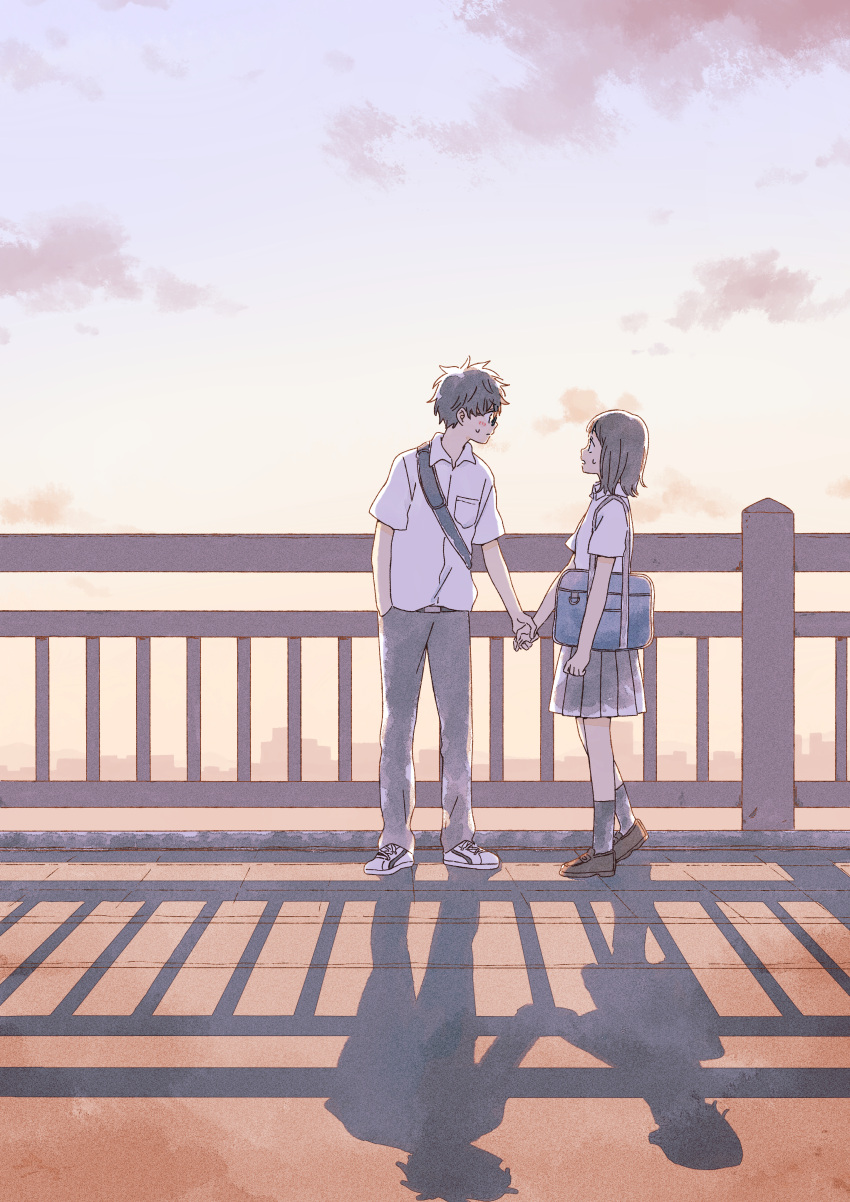 1boy, 1girl, absurdres, backlighting, bag, bangs, belt, blush