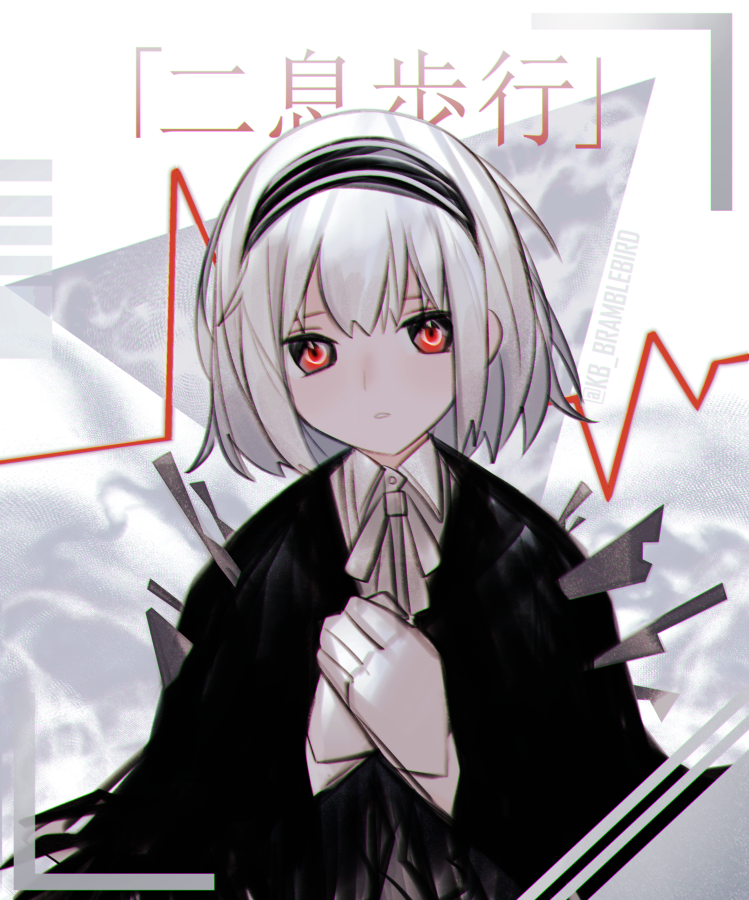 1girl, android_girl_(vocaloid), commentary_request, hairband, hands_on_own_chest, kky, lifeline, looking_at_viewer, neck_ribbon, nisoku_hokou_(vocaloid), parted_lips, poncho, power_symbol-shaped_pupils, red_eyes, ribbon, short_hair, solo, stabbed, twitter_username, upper_body, white_hair, white_ribbon