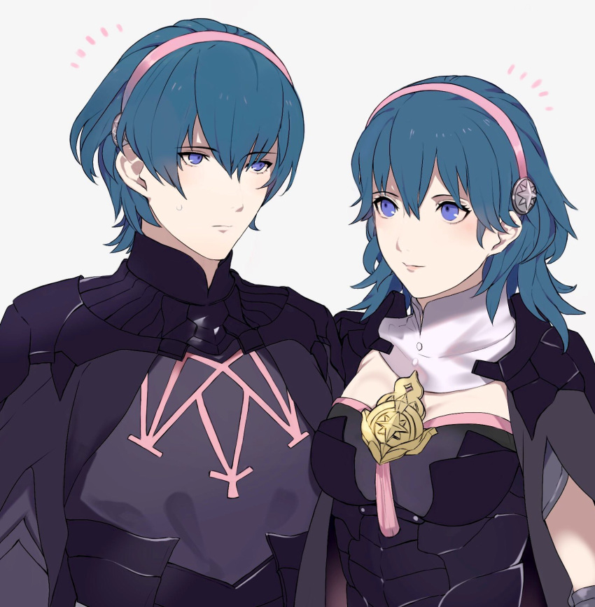 1boy, 1girl, armor, ayushiba_pokefe, black_armor, blue_eyes, blue_hair, brother_and_sister, byleth_(fire_emblem), byleth_eisner_(female), byleth_eisner_(male), closed_mouth, cute, female_my_unit_(fire_emblem:_three_houses), fire_emblem, fire_emblem:_three_houses, hairband, highres, intelligent_systems, koei_tecmo, male_my_unit_(fire_emblem:_three_houses), medium_hair, my_unit_(fire_emblem:_three_houses), nintendo, pink_hairband, short_hair, siblings, simple_background, smile, super_smash_bros., upper_body, white_background