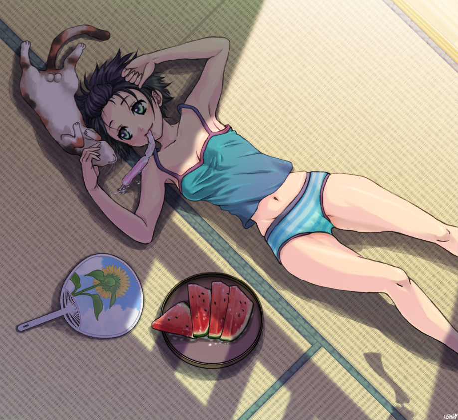 armpits, bad_id, black_hair, camisole, cat, fan, flower, food