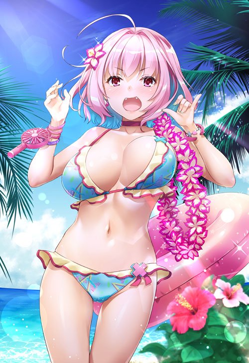 1girl, ahoge, bangle, bangs, bare_shoulders, beach, bikini, blue_bikini, blue_hair, blue_sky, bouncing_breasts, bracelet, breasts, choker, clouds, collarbone, day, electric_fan, eyebrows_visible_through_hair, fangs, flower, frilled_bikini, frills, groin, hair_between_eyes, hair_flower, hair_intakes, hair_ornament, handheld_fan, hibiscus, horizon, idolmaster, idolmaster_cinderella_girls, jewelry, large_breasts, lei, lens_flare, looking_at_viewer, multicolored, multicolored_bikini, multicolored_clothes, nakajima_yuka, ocean, open_mouth, outdoors, palm_tree, pink_choker, pink_eyes, pink_flower, pink_hair, pink_innertube, pink_wristband, plant, purple_wristband, shiny, shiny_hair, short_hair, sky, solo, standing, star, star_print, sunlight, swimsuit, thigh_gap, thighs, tongue, tree, unaligned_breasts, v-shaped_eyebrows, water, yumemi_riamu