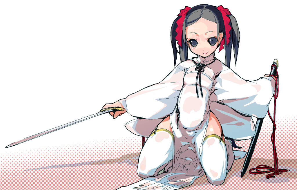 flat_chest, garter_belt, hair_ribbon, hair_ribbons, jewelry, kneeling, long_hair, najimi