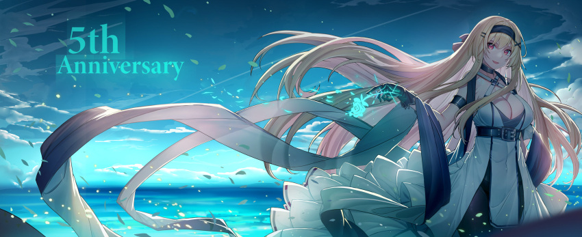 1girl, alternate_costume, bare_shoulders, belt, black_belt, black_gloves, blonde_hair, blue_sky
