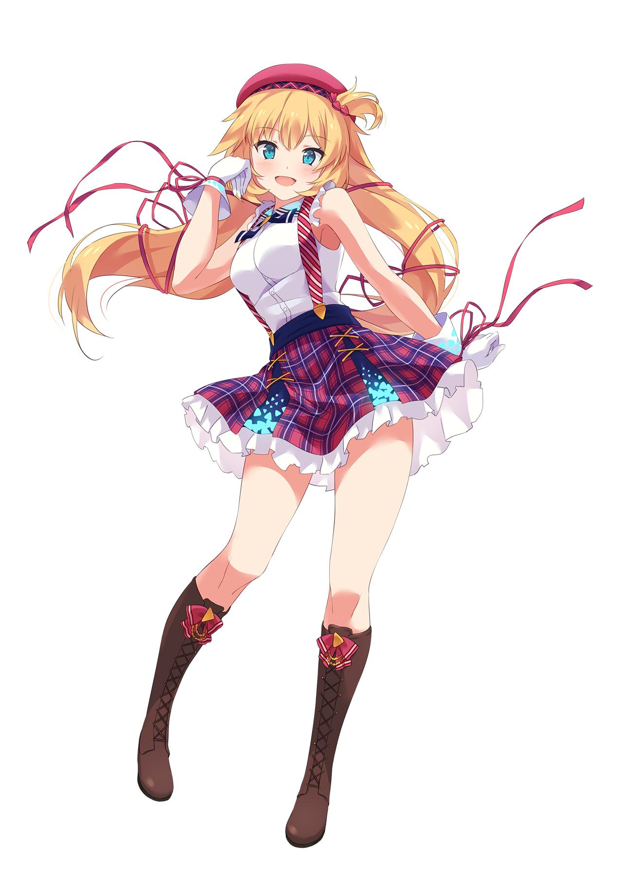 1girl, akai_haato, bangs, blonde_hair, blue_eyes, blush, boot_bow, boots, breasts, brown_footwear, commentary, full_body, gloves, hair_between_eyes, hair_ornament, hat, heart, heart_hair_ornament, highres, hololive, large_breasts, long_hair, looking_at_viewer, miniskirt, narumi_nanami, one_side_up, open_mouth, red_headwear, red_ribbon, red_skirt, ribbon, simple_background, skirt, smile, solo, virtual_youtuber, white_background, white_gloves, wrist_ribbon