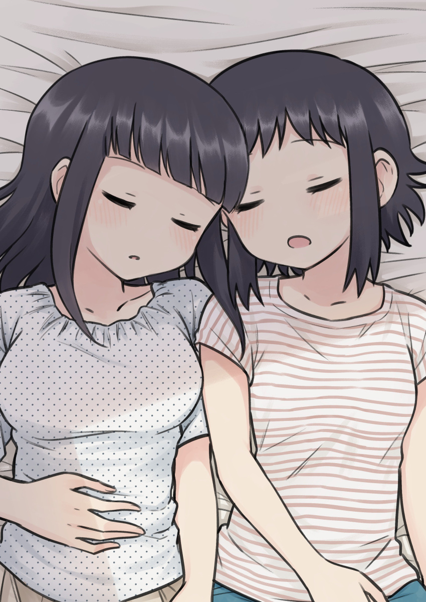 2girls, absurdres, bernard-jou_iwaku., black_hair, blush, closed_eyes, hand_on_own_stomach, highres