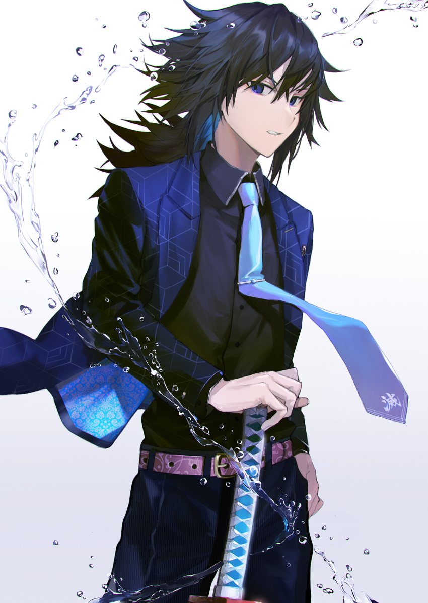 1boy, bangs, belt, black_hair, black_shirt, blue_jacket, blue_neckwear, blue_pants
