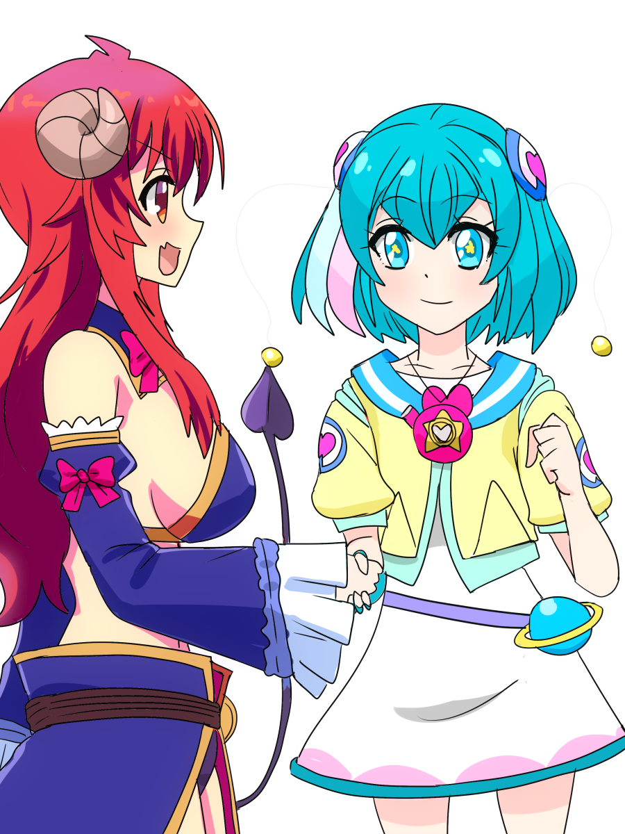 2girls, aqua_eyes, aqua_hair, bow, breasts, cape, curled_horns, demon_girl
