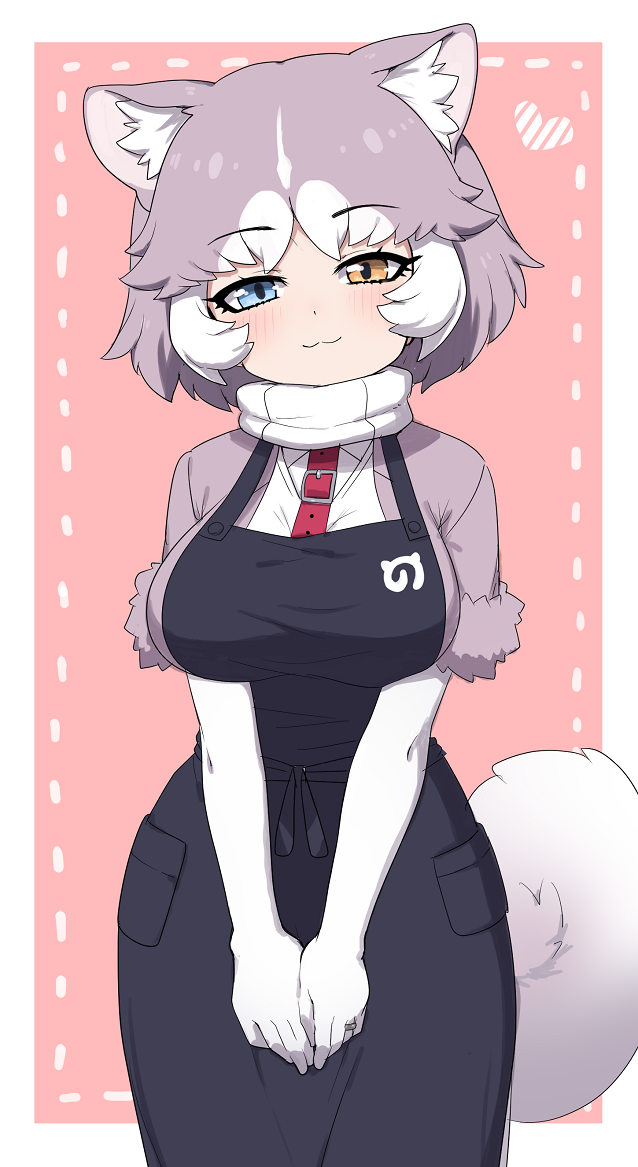 1girl, :3, animal_ears, apron, black_apron, blue_eyes, blush, cowboy_shot, dog_(mixed_breed)_(kemono_friends), dog_ears, dog_tail, elbow_gloves, eyebrows_visible_through_hair, fur_trim, gloves, grey_hair, harness, head_tilt, heterochromia, jacket, japari_symbol_print, jewelry, kemono_friends, looking_at_viewer, ransusan, ring, scarf, short_hair, short_sleeves, smile, solo, tail, wedding_band, white_hair, yellow_eyes