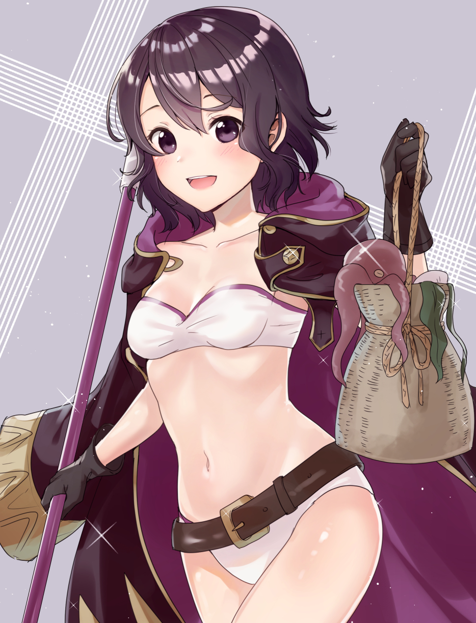 1girl, belt, bikini, black_hair, breasts, brown_belt, commentary_request, fire_emblem, fire_emblem_awakening, fire_emblem_heroes, gloves, haru_(nakajou-28), highres, holding, hood, hood_down, hooded_coat, jacket_on_shoulders, morgan_(fire_emblem), morgan_(fire_emblem)_(female), navel, octopus, open_mouth, polearm, pouch, short_hair, small_breasts, solo, swimsuit, violet_eyes, weapon, white_bikini