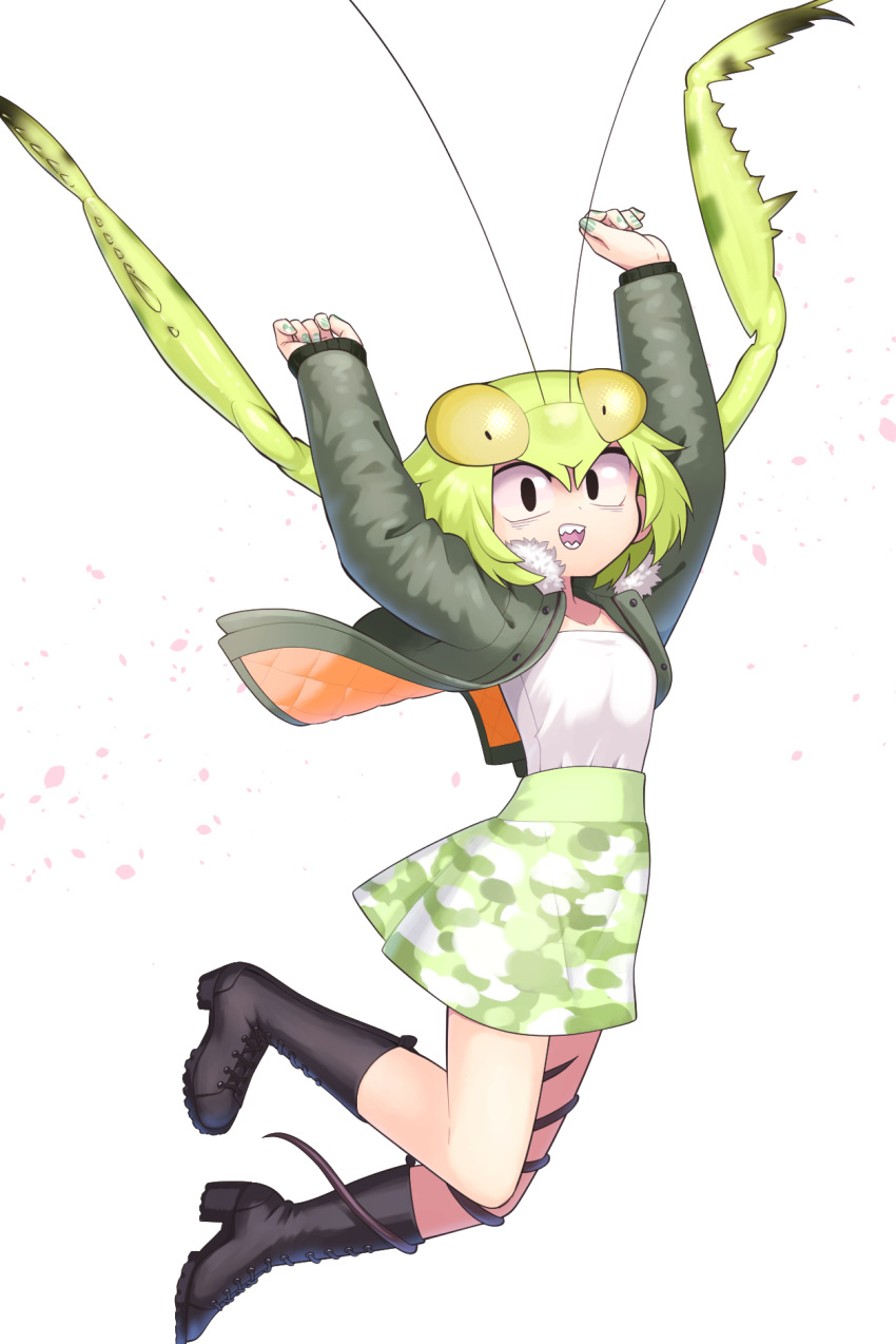 1girl, :d, antennae, arms_up, black_coat, black_eyes, black_footwear, boots