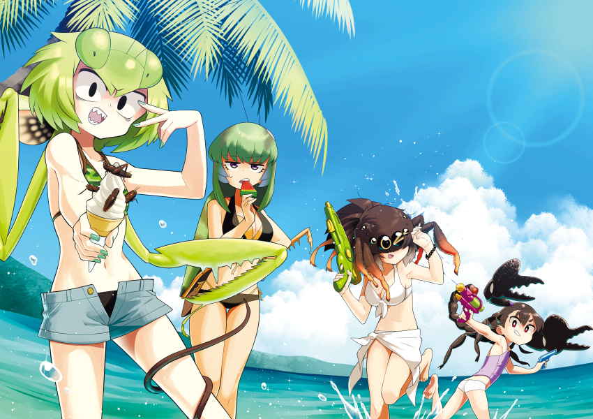 4girls, absurdres, beach, bikini, bug, camouflage, camouflage_bikini, day