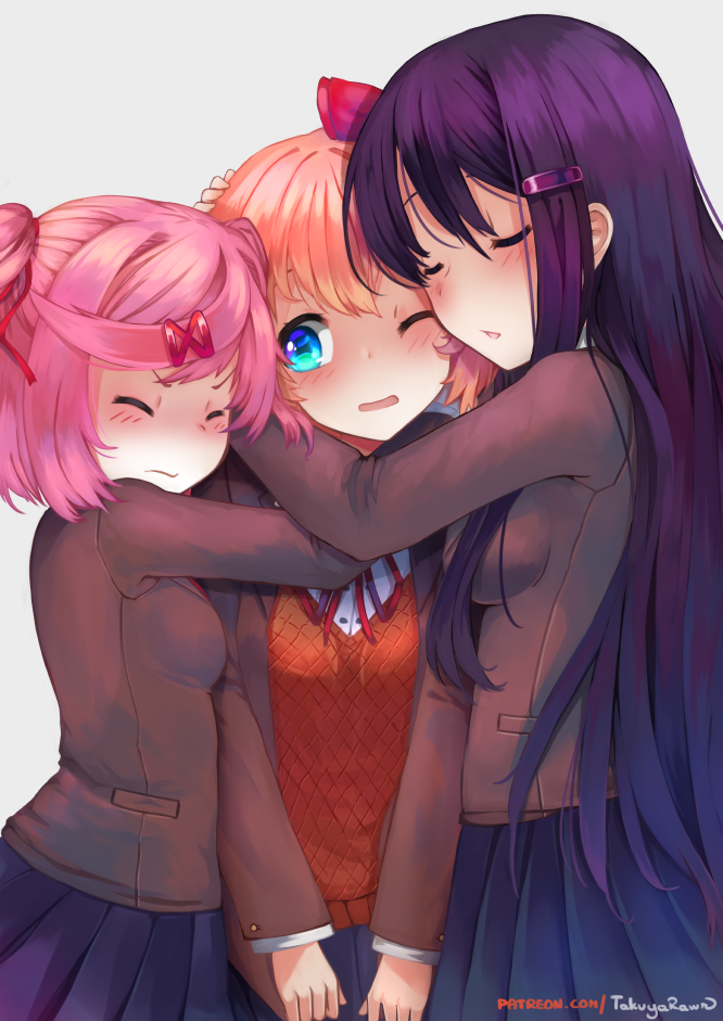 3girls, bangs, blue_eyes, blue_skirt, blush, breasts, brown_hair, brown_jacket