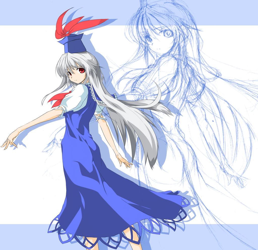 hat, kamishirasawa_keine, long_hair, looking_back, ribbon, ribbons, shoushinmono, sketch, solo, touhou, white_hair