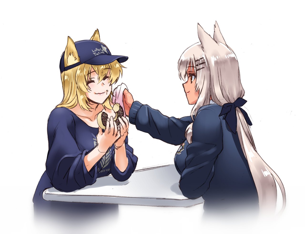 2girls, alternate_costume, animal_ear_fluff, animal_ears, bangs, blonde_hair, blue_cardigan, blue_headwear