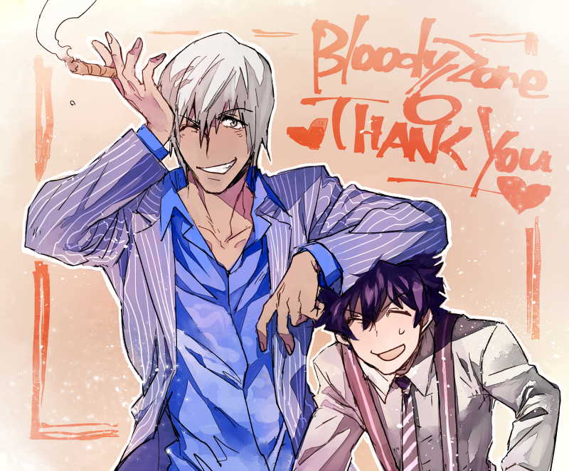 2boys, blue_shirt, cigar, closed_eyes, collar, collarbone, dark_skin, english_text