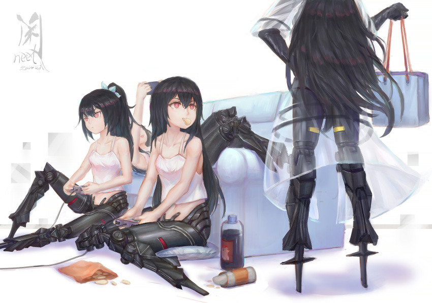 4girls, absurdres, artist_request, black_hair, breasts, chips, controller, couch, cushion, drink, food, food_in_mouth, girls_frontline, hair_ornament, handheld_game_console, highres, isomer_(girls_frontline), long_hair, looking_at_another, mechanical_legs, multiple_girls, nyto_iso_(girls_frontline), ponytail, red_eyes, sitting, small_breasts, snack, tank_top, transparent_jacket, wariza