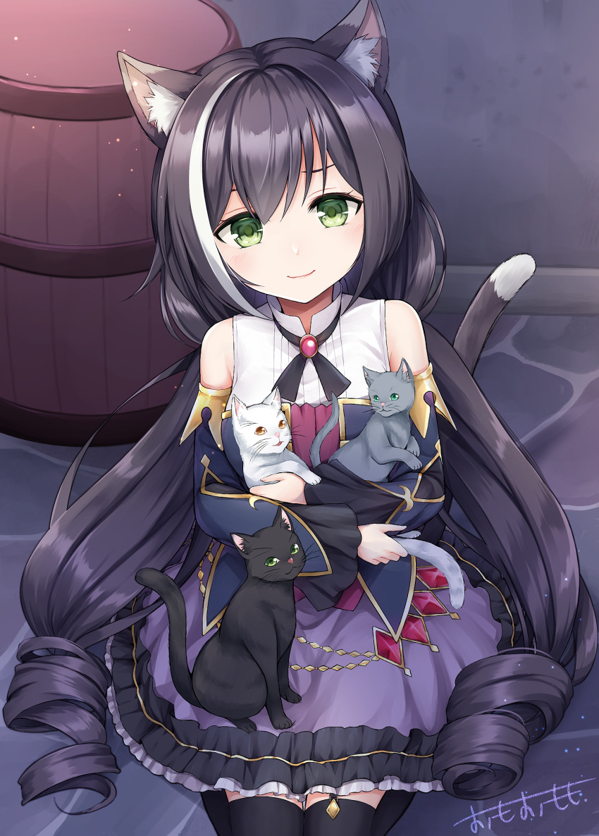 1girl, animal, animal_ear_fluff, animal_ears, bare_shoulders, barrel, black_hair, black_legwear