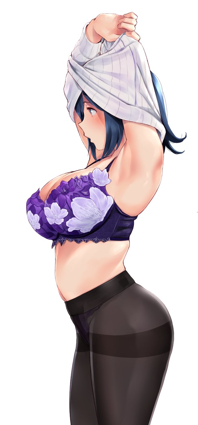 1girl, armpits, arms_up, bangs, black_legwear, blue_hair, blush, bra
