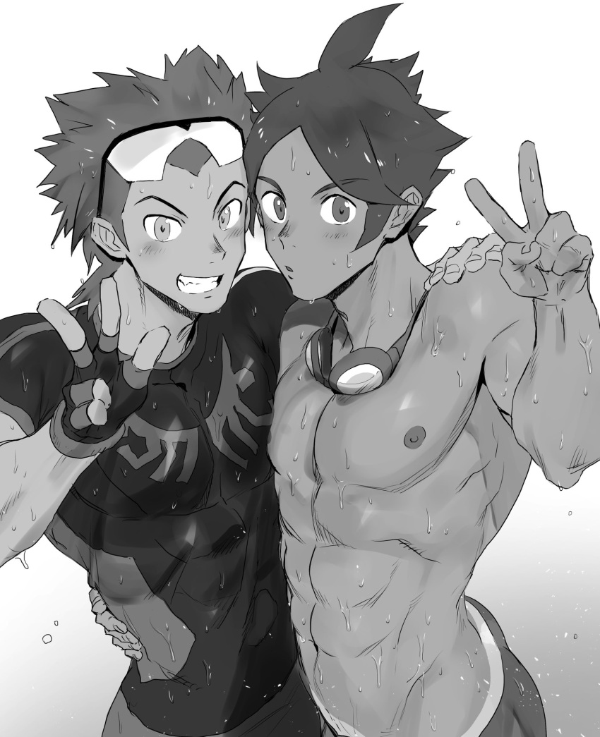 2boys, abs, goggles, goggles_around_neck, gym_leader, haiki_(tegusu), highres, hug