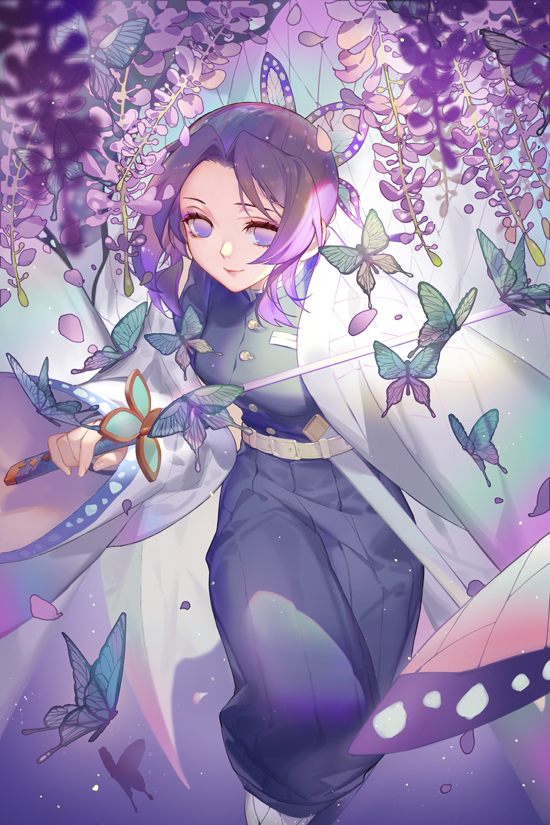 1girl, black_hair, bug, butterfly, butterfly_on_hair, flower, haori, holding