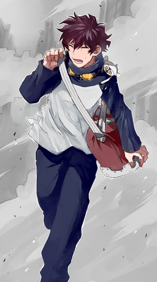 1boy, animal, bag, blue_pants, brown_hair, closed_eyes, collar, collared_jacket
