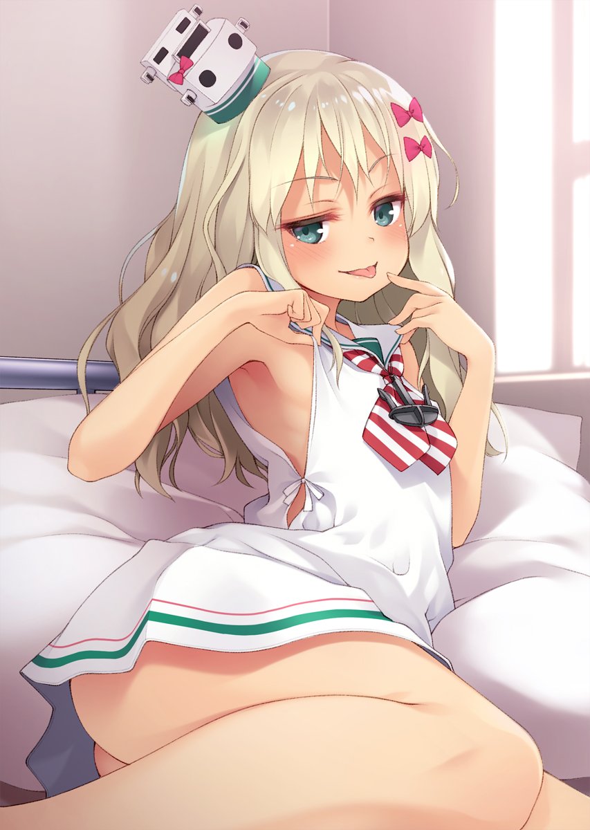 1girl, anchor, ass, bangs, bare_legs, blonde_hair, blue_eyes, blush